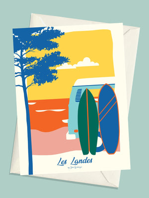 Carte postale illustrée intitulée "Les Landes, Les Surfs" par Julie Roubergue, représentant des surfs avec une vue sur l'Océan dans les tons vifs.
