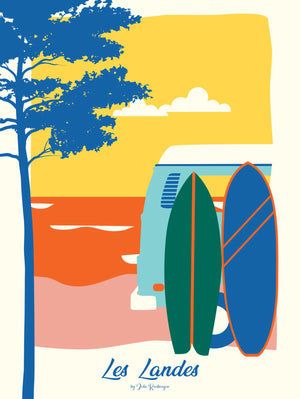 Carte postale illustrée intitulée "Les Landes, Les Surfs" par Julie Roubergue, représentant des surfs avec une vue sur l'Océan dans les tons vifs.