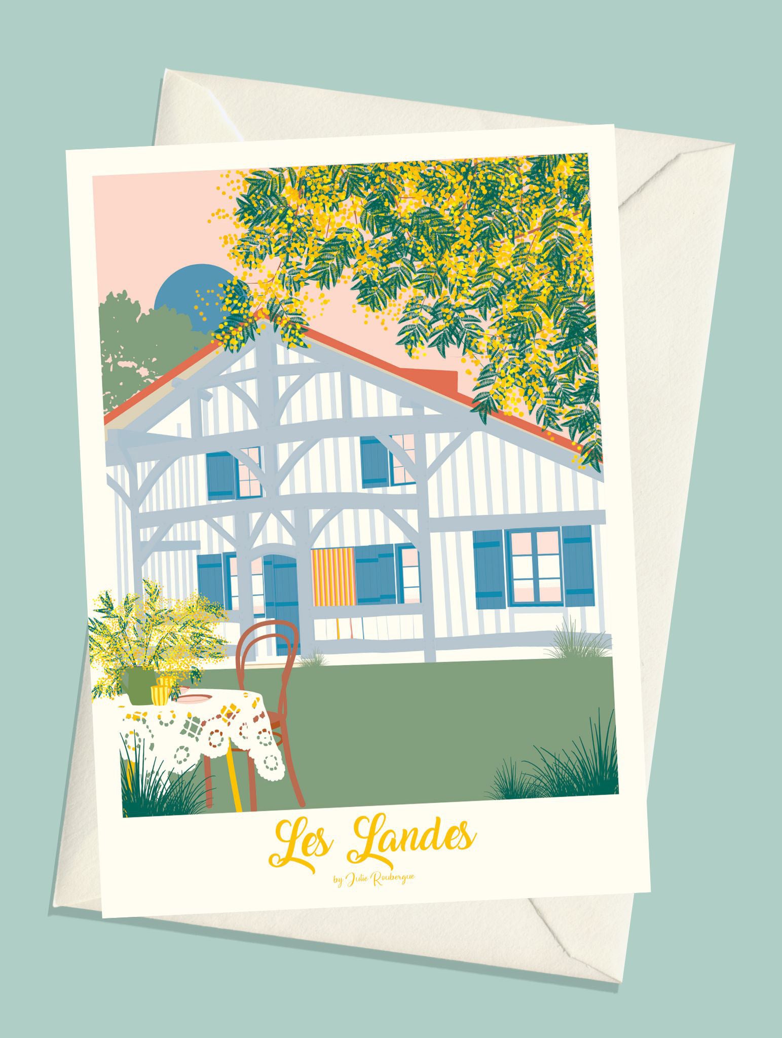 Carte postale Les Landes Mimosas avec enveloppe. Illustration d’une maison landaise sous les fleurs de mimosa.