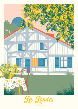 Carte postale Les Landes Mimosas – façade traditionnelle et jardin fleuri au cœur des Landes.