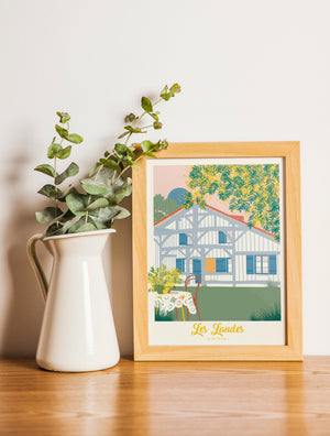 Carte postale Les Landes Mimosas encadrée – décoration chaleureuse et florale inspirée du Sud-Ouest.