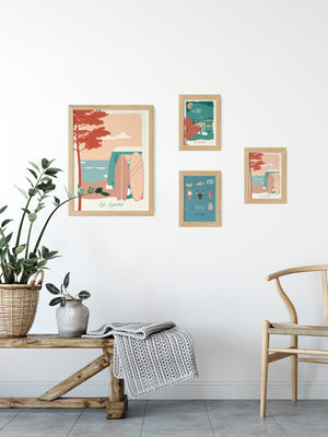 Cartes postales illustrées sur le thème des Landes par Julie Roubergue, représentant lieux de région du sud de la France dans les tons pastel.