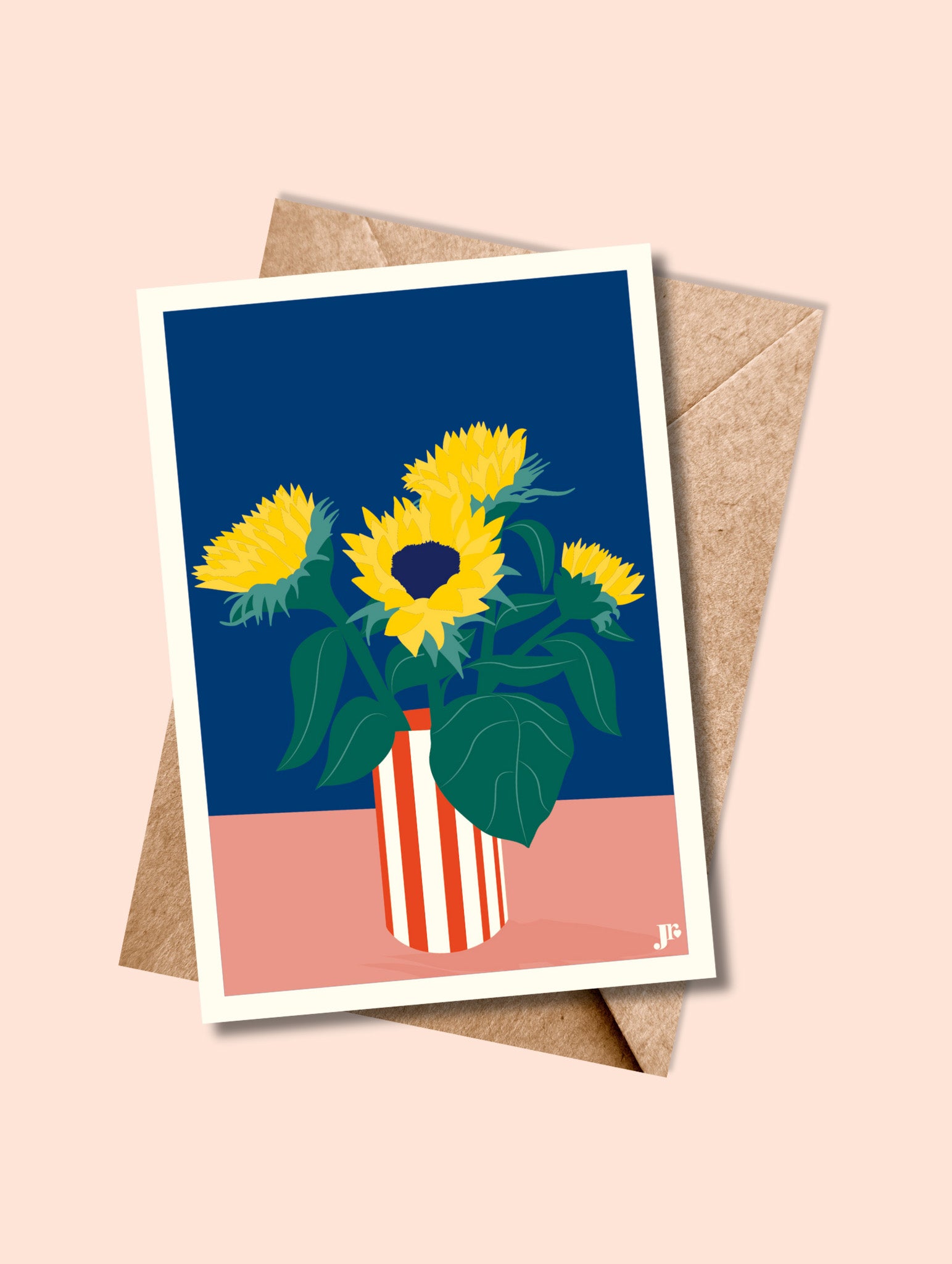 Carte postale Les Tournesols, illustration de bouquet de tournesols dans un vase rayé.