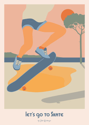 Carte postale Let’s Go to Skate – Gros plan d’une skatrice en action, ambiance vintage pastel.