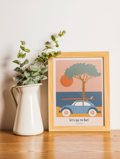 Carte postale Let’s Go to Surf encadrée. Décoration vintage et bord de mer au format 15x21 cm.