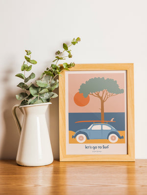 Carte postale Let’s Go to Surf encadrée. Décoration vintage et bord de mer au format 15x21 cm.