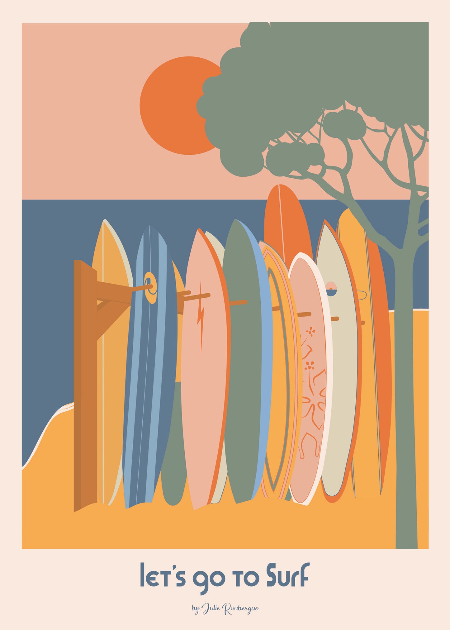 2. Carte postale Let’s Go to Surf – rangée de planches de surf graphiques dans des tons doux et estivaux.