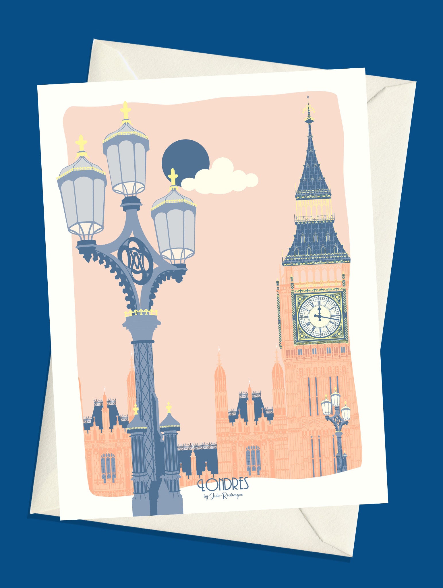 Carte postale illustrée intitulée “Londres, Bigben” par Julie Roubergue, représentant la fameuse tour horloge du palais de Westminster à Londres dans des tons pastel.