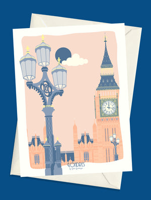 Carte postale illustrée intitulée “Londres, Bigben” par Julie Roubergue, représentant la fameuse tour horloge du palais de Westminster à Londres dans des tons pastel.