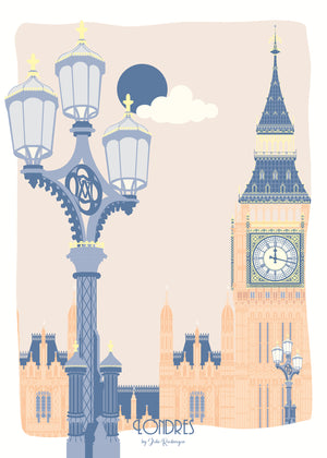 Carte postale illustrée intitulée “Londres, Bigben” par Julie Roubergue, représentant la fameuse tour horloge du palais de Westminster à Londres dans des tons pastel.