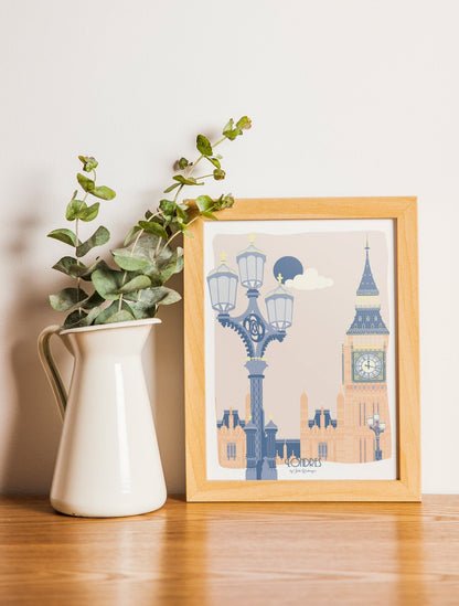 Carte postale illustrée intitulée “Londres, Bigben” par Julie Roubergue, représentant la fameuse tour horloge du palais de Westminster à Londres dans des tons pastel.