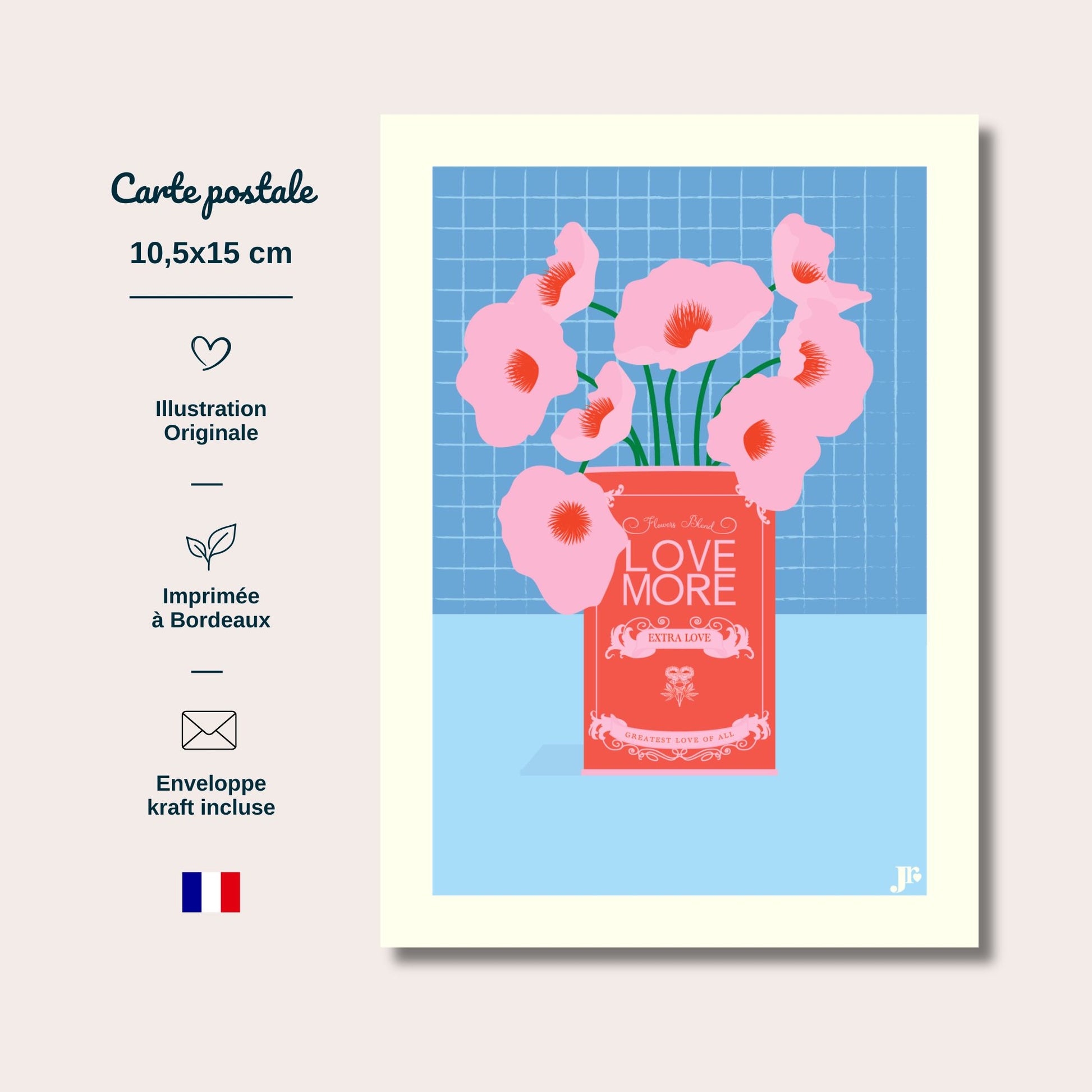 Carte postale Love More au format 10,5x15cm. Imprimée à Bordeaux, France