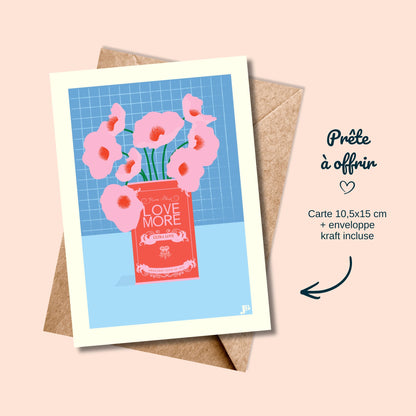 Carte postale fleurie graphique avec enveloppe kraft style rétro pop