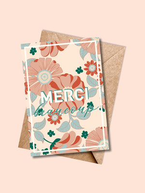 Carte MERCI BEAUCOUP pastel avec enveloppe kraft – illustration florale douce et message tendre.
