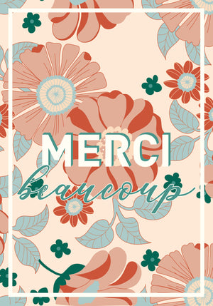 Carte postale MERCI BEAUCOUP – version pastel avec fleurs stylisées douces et message central sur fond crème.