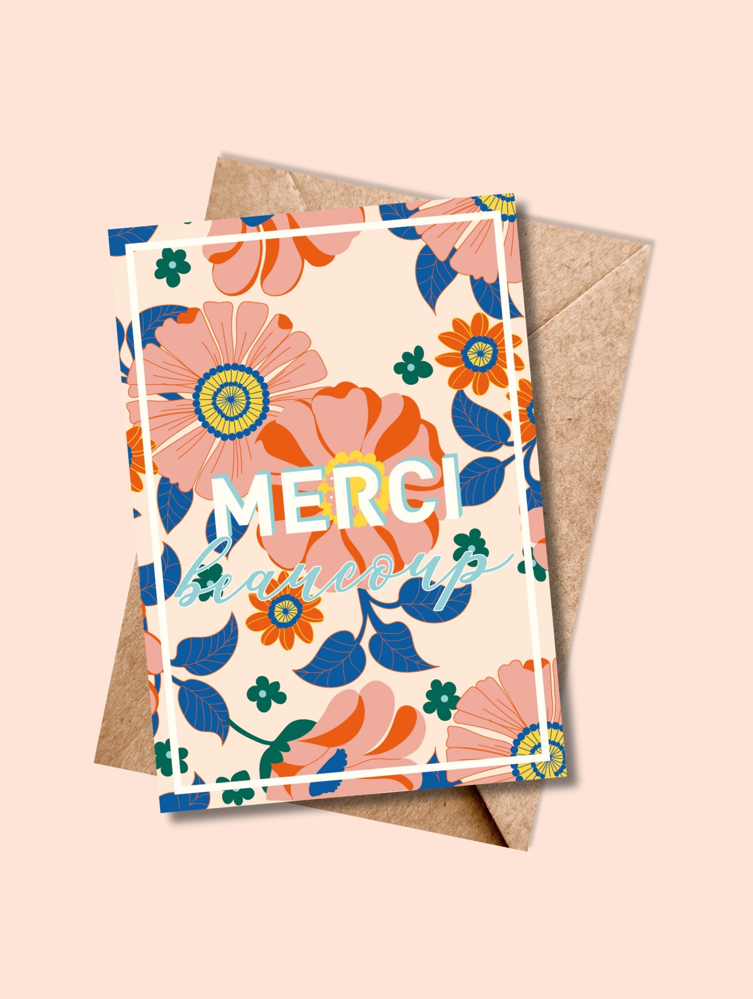 Carte MERCI BEAUCOUP vive avec enveloppe kraft – une explosion de couleurs pour dire merci.
