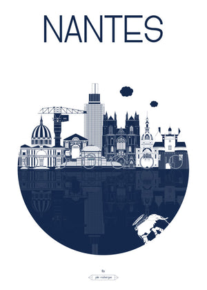 Carte postale illustrée "Nantes, La Ville" en version marine, vue détaillée.