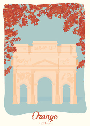 Carte postale Orange, L'arc de Triomphe, affichant le monument antique sur fond bleu clair