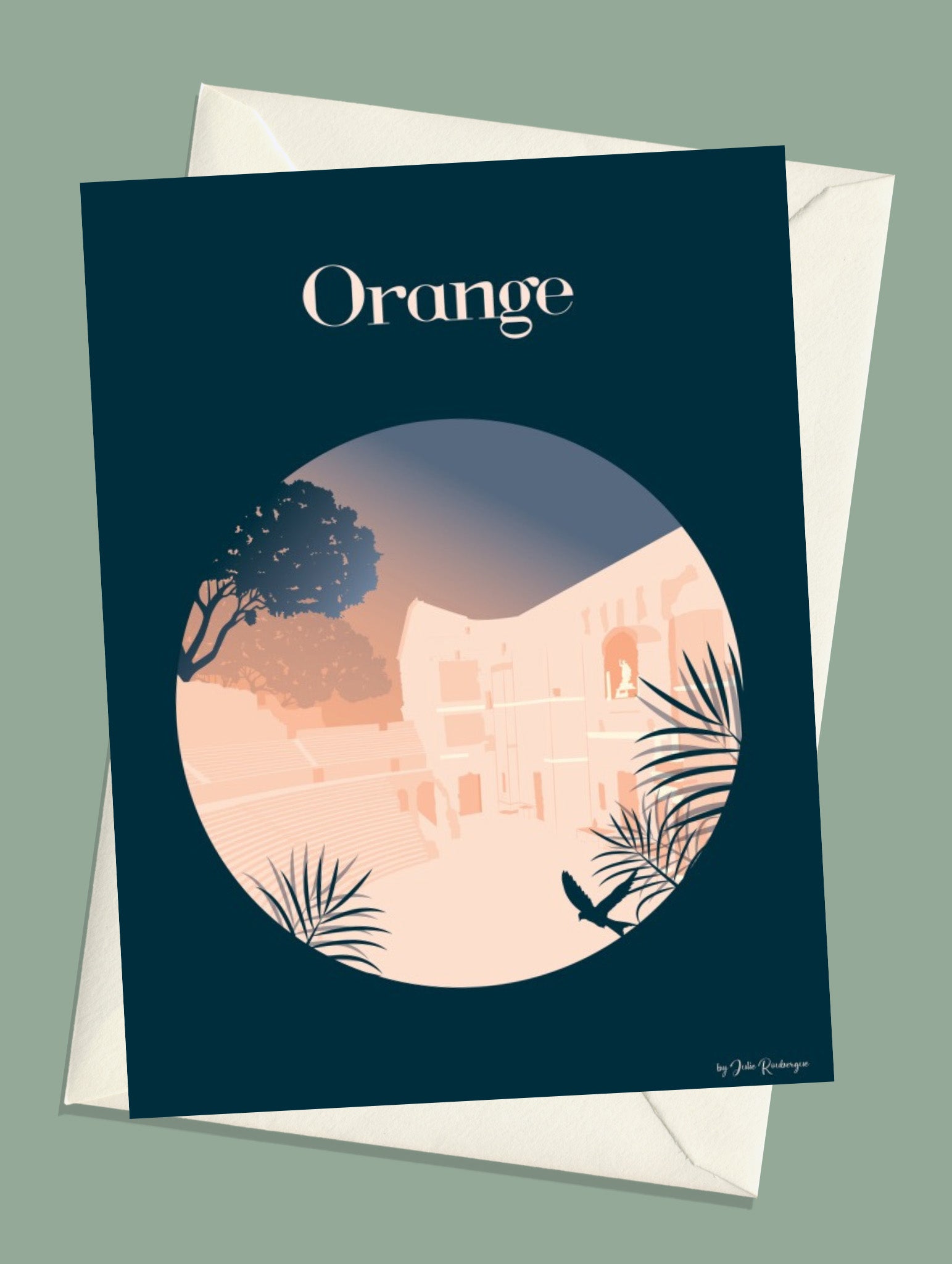 Carte postale Orange – Théâtre avec son enveloppe assortie, monument emblématique et antique de la ville.