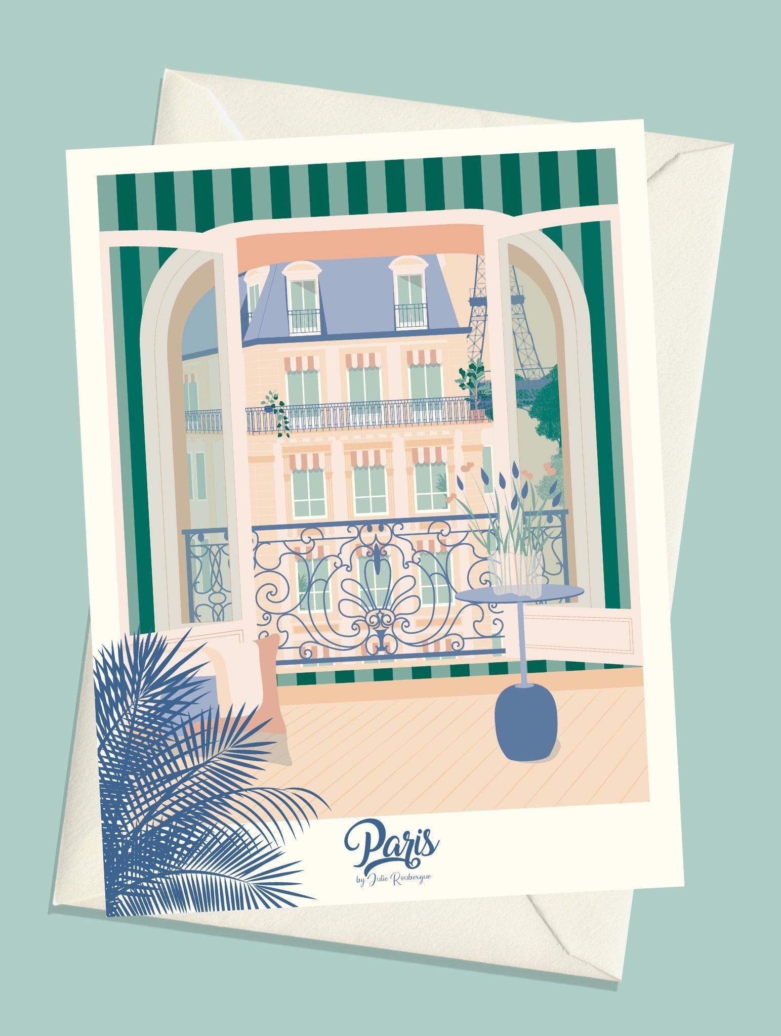 Carte postale illustrée intitulée "Paris, La Fenêtre" par Julie Roubergue, représentant une vue d'un appartement parisien sur la Tour Eiffel dans les tons pastel.
