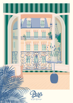 Carte postale illustrée intitulée "Paris, La Fenêtre" par Julie Roubergue, représentant une vue d'un appartement parisien sur la Tour Eiffel dans les tons pastel.