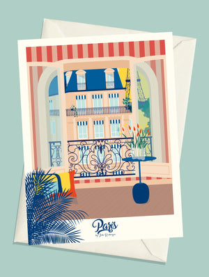 Carte postale illustrée intitulée "Paris, La Fenêtre par Julie Roubergue, représentant une vue d'un appartement parisien sur la Tour Eiffel dans les tons vifs.