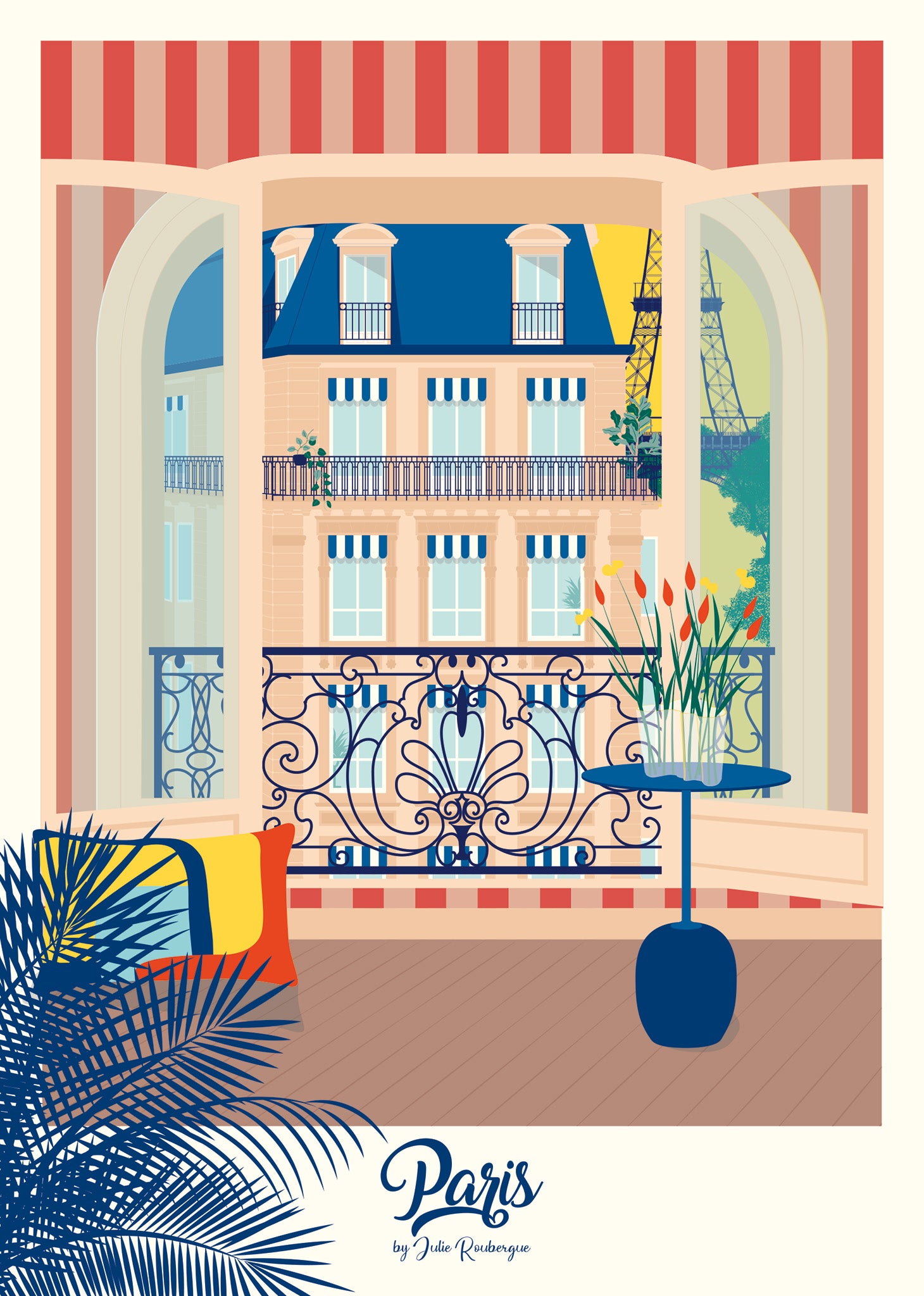 Carte postale illustrée intitulée "Paris, La Fenêtre par Julie Roubergue, représentant une vue d'un appartement parisien sur la Tour Eiffel dans les tons vifs.