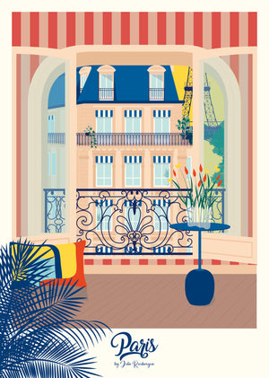 Carte postale illustrée intitulée "Paris, La Fenêtre par Julie Roubergue, représentant une vue d'un appartement parisien sur la Tour Eiffel dans les tons vifs.