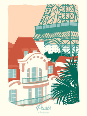 Carte postale illustrée intitulée "Paris, Les Toits" par Julie Roubergue, représentant une vue sur les toits de la capitale et sur la Tour Eiffel dans les tons pastel.