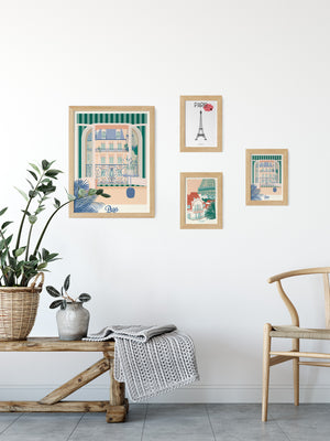 Cartes postales illustrées par Julie Roubergue sur le thème de Paris dans les tons pastel.