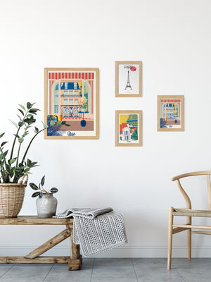 Cartes postales illustrées par Julie Roubergue sur le thème de Paris dans les tons vifs.