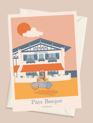 Carte postale Pays Basque – Bord de Mer avec son enveloppe, illustration douce et estivale.