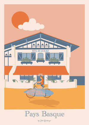 Carte postale Pays Basque – Bord de Mer représentant une façade d’hôtel et une scène de vacances.