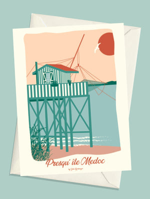 Carte postale Presqu'île du Medoc, Le Carrelet – illustration avec enveloppe assortie, ambiance nature aux couleurs pastel.