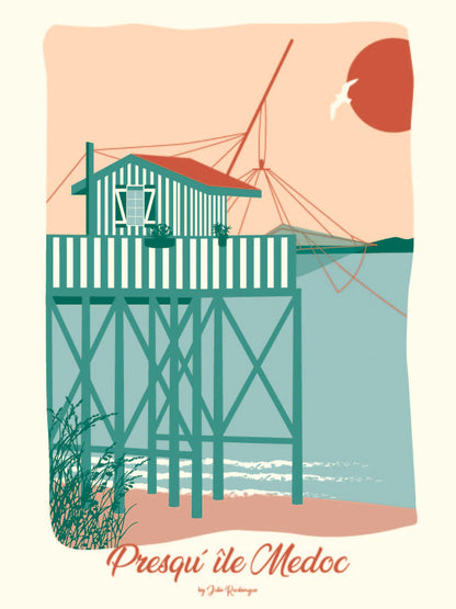 Carte postale Presqu'île du Medoc, Le Carrelet – illustration pastel d'une cabane de pêcheur dans l'estuaire de la Gironde.