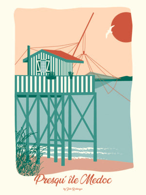 Carte postale Presqu'île du Medoc, Le Carrelet – illustration pastel d'une cabane de pêcheur dans l'estuaire de la Gironde.