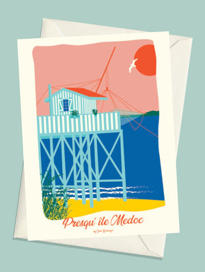 Carte postale Presqu'île du Medoc, Le Carrelet – illustration avec enveloppe assortie, ambiance nature aux couleurs vives.