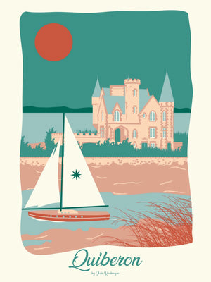 Carte postale Quiberon, Château Turpault - – illustration pastel du château entre voilier et nature.
