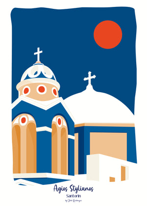 Carte postale illustrée intitulée “Santorin, Agios Stylianos” par Julie Roubergue, représentant une chapelle avec son dôme blanc avec un ciel bleu mediterranéen.