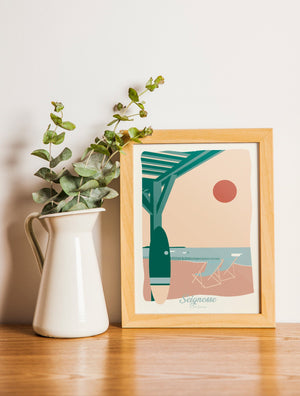 Carte postale Seignosse La Plage encadrée – décoration murale bord de mer dans des tons pastel.
