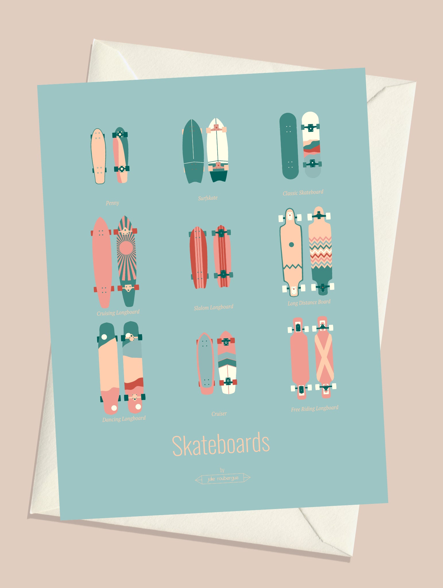 Carte postale "Skateboards Les Iconiques" dans les tons pastel avec son enveloppe assortie, prête à offrir ou encadrer.