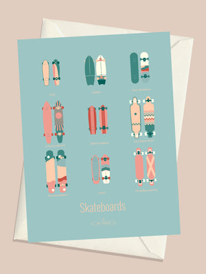 Carte postale "Skateboards Les Iconiques" dans les tons pastel avec son enveloppe assortie, prête à offrir ou encadrer.