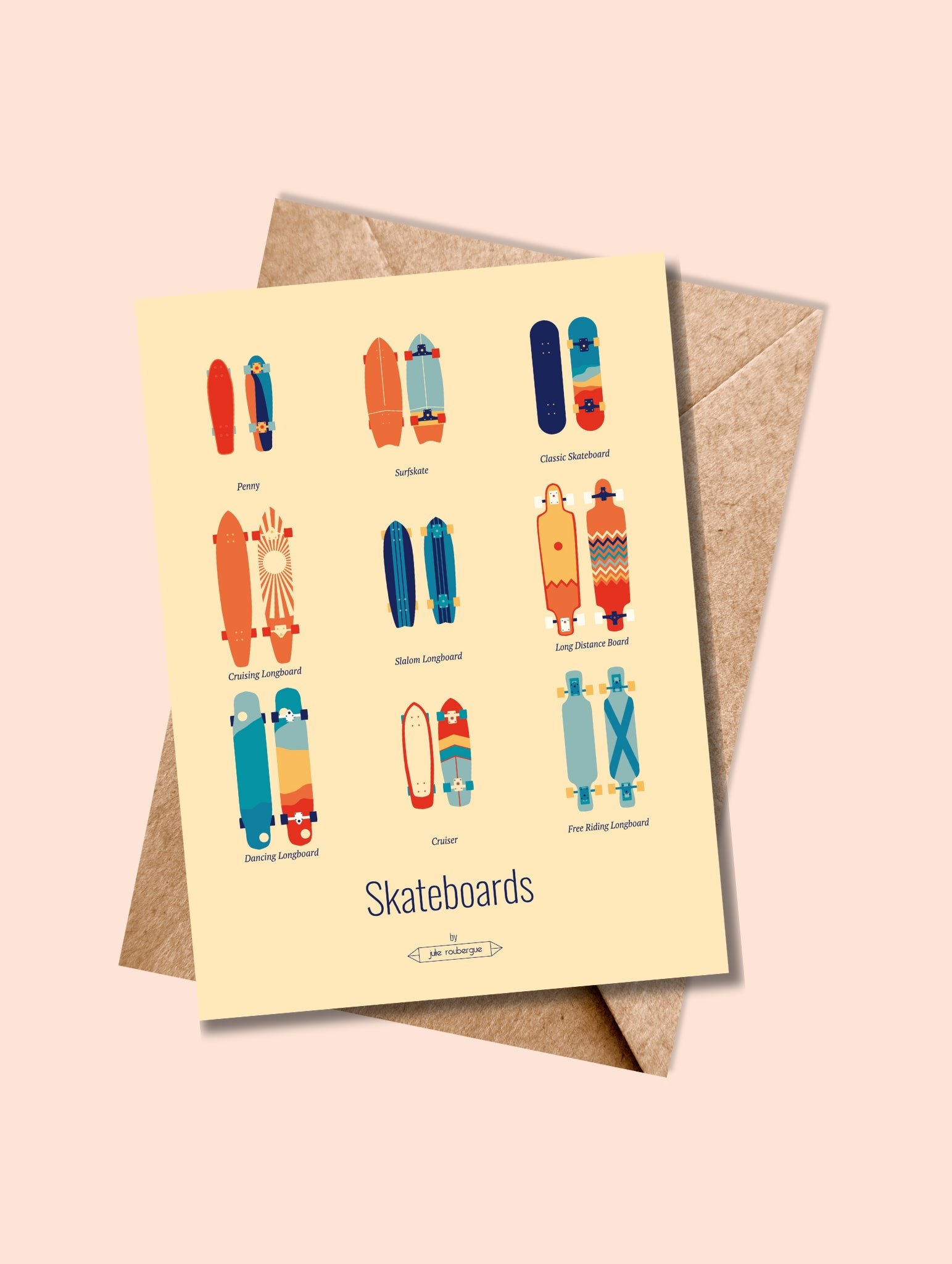 Carte postale Skateboards, Les iconiques avec un fond jaune, accompagnée de son enveloppe kraft.