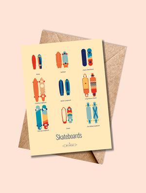 Carte postale Skateboards, Les iconiques avec un fond jaune, accompagnée de son enveloppe kraft.