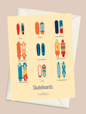 Carte postale "Skateboards – Les Iconiques" dans les tons vifs avec son enveloppe assortie, prête à offrir ou encadrer.