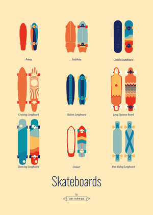 Illustration des modèles de skateboards iconiques, version vive.
