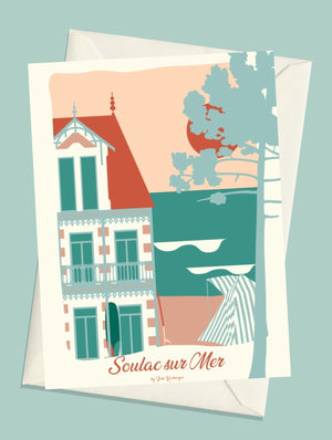 Carte postale Soulac-sur-Mer, Bord de Mer illustration avec enveloppe assortie, ambiance océan et architecture.