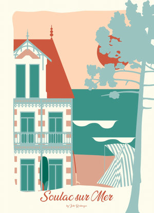 Carte postale Soulac-sur-Mer, Bord de Mer – illustration pastel d’une villa sur la plage du Médoc.