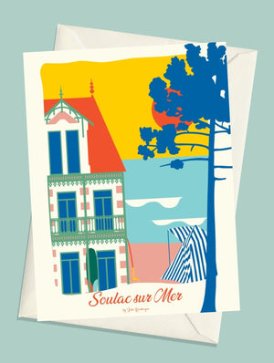 Carte postale Soulac-sur-Mer, Bord de Mer illustration avec enveloppe assortie, ambiance océan et architecture.