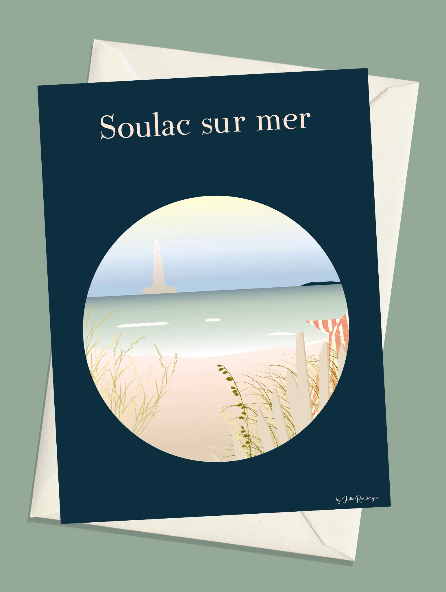Carte postale Soulac-surMer - La Plage, illustration de la plage sauvage avec au loin le phare de Cordouan avec enveloppe assortie.  